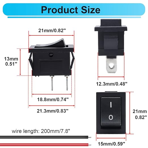 TWTADE 10Pcs Rocker Switch ON/Off 2Pin Latching Square Toggle SPST Switch Snap with Wires KCD1-X-F