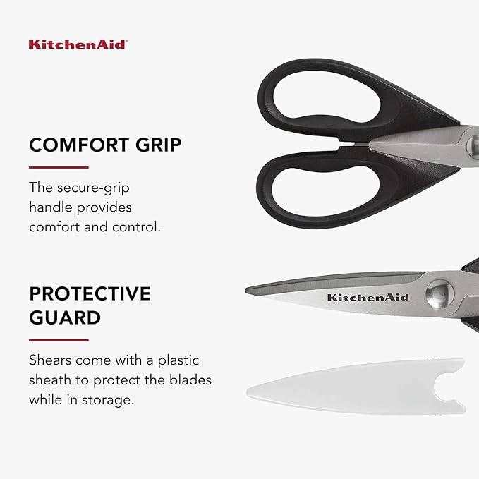 KitchenAid All Purpose Kitchen Shears with Protective Sheath Durable Stainless Steel Scissors, Dishwasher Safe, Soft Grip Comfort Handle, 8.72 Inch, Black, Pack of 12