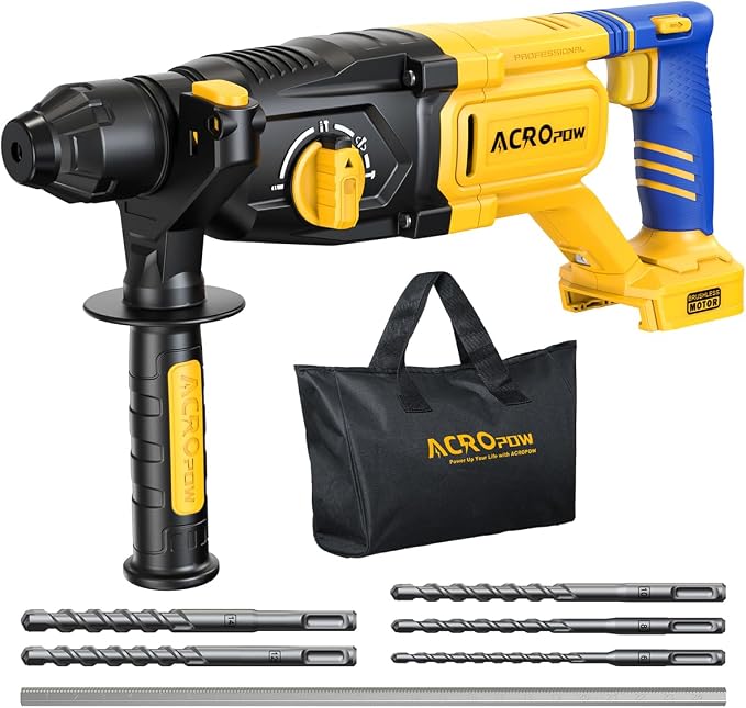 SDS-Plus Cordless Rotary Hammer Drill for Dewalt 20V Battery，Brushless Motor, Safety Clutch, 4 Functions, LED Light with Vibration Control, 5 Drills with Carry Bag(No Battery)