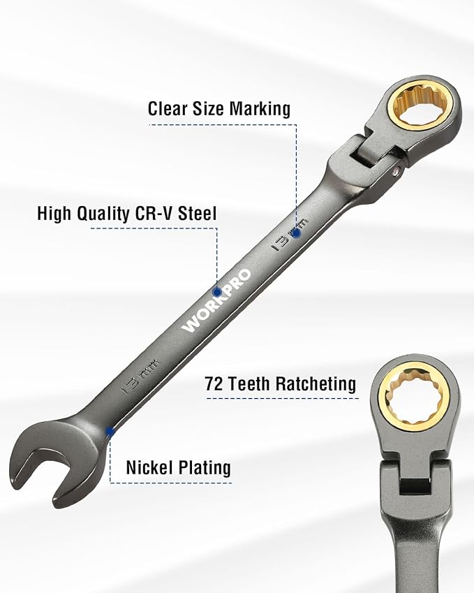 WORKPRO 13 mm Flex-Head Ratcheting Combination Wrench, Nickel Plating | Cr-V Constructed, 72-Teeth, 12 Point Design, Metric, For Home Improvement, Auto Repairs, Plumbing, Constructions, Machinery