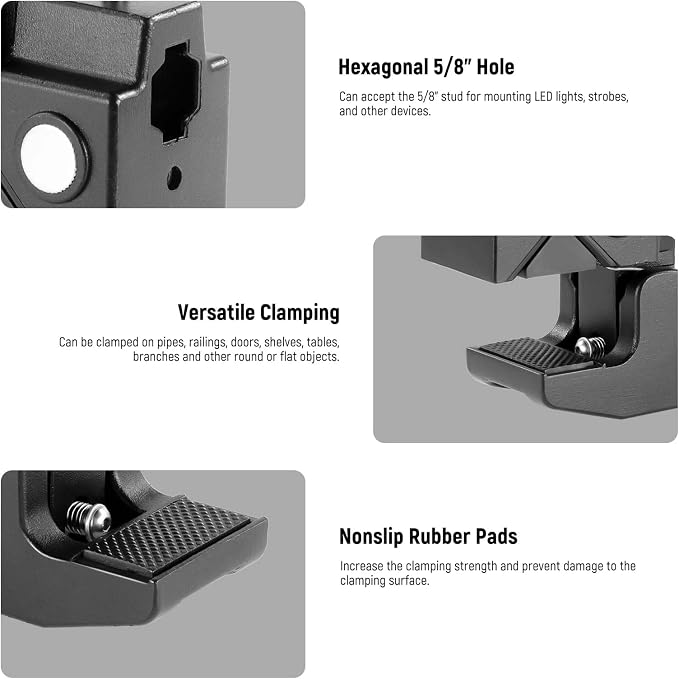 NEEWER 2 Pack Super Clamp with 5/8" Stud, Spring Lock, 2.4" Jaw Grip Heavy Duty Crab Pole Clamp for Round Pipe Flat Surface, for Photography Studio Camera Lighting Mounting, Max Load 33lb/15kg, UA017