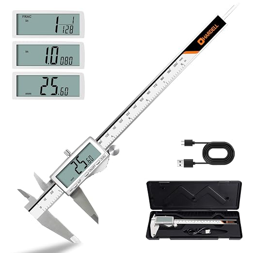 HARDELL Digital Caliper 8"/200mm, Rechargeable Stainless Steel Micrometer, Large LCD Inch/MM/Fraction, Auto-Off, Electronic Measuring Tool for Machinist Woodworking 3D Printing DIY Household