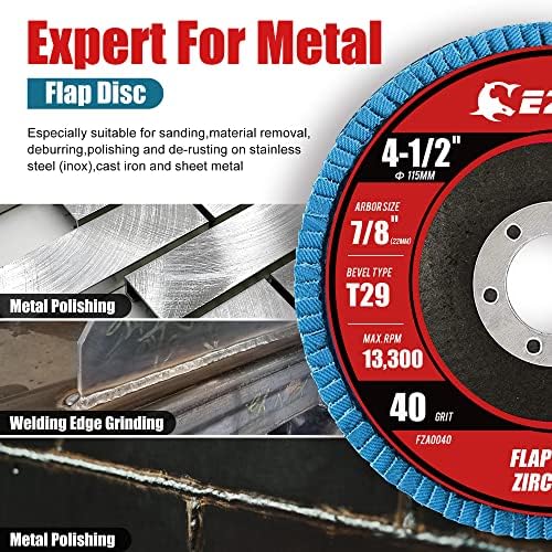 EZARC Flap Discs 40 Grit, 4 1/2 x 7/8-Inch Flap Sanding Disc, Type 29 Zirconia Grinding Wheel for Stainless Steel, Sheet Metal (20 Pack)