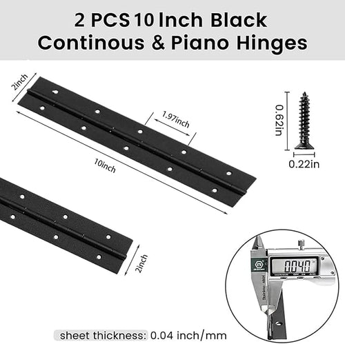 10 Inch Black Continuous Piano Hinges 2 Pack, Heavy Duty Stainless Steel Folding Hinges 0.05" Thickness 2" Open Width with Mounting Holes & Screws for Cabinet Doors Toolbox DIY Projects
