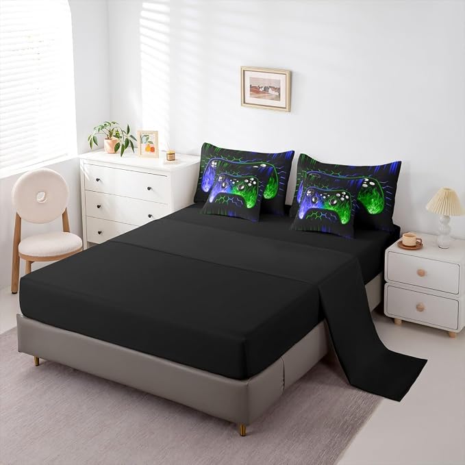 Erosebridal Boys Gaming 7 Piece Comforter Set Full Bed in a Bag Ombre Art Honeycomb Bedding Set Blue Green Neon Lights Sheet Set Game Console Bed Set Geometric Hexagon Beehive Gaming Room Decor