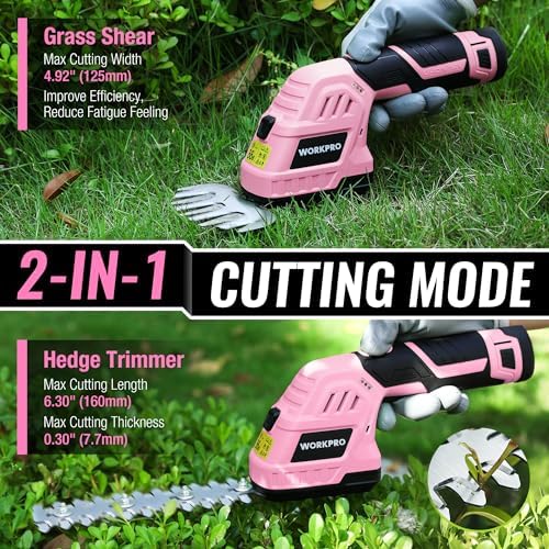 WORKPRO 12V Cordless Grass Shear & Shrubbery Trimmer, Pink Ribbon