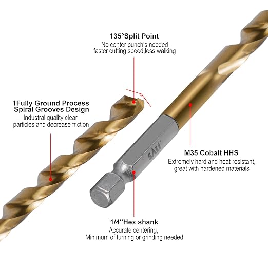 SALI Cobalt Drill Bit Set,20 Pack 5/32 Inch High Speed Steel Hex Shank Jobber Drill Bits, for Hardwood, Aluminum,Metal,Copper,Alloyed Steel