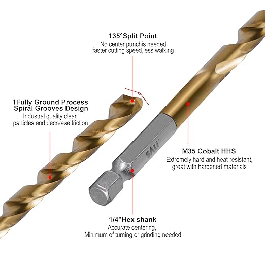 SALI Cobalt Drill Bit Set,10 Pack 15/64 Inch High Speed Steel Hex Shank Jobber Drill Bits, for Hardwood, Aluminum,Metal,Copper,Alloyed Steel