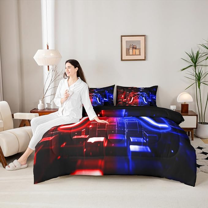 Gamer 7 Piece Comforter Set Full Bed in a Bag, Gaming Bedding Sets Neon Lights Video Game Console Comforter and Sheet Set, Red Blue Brick Cube Room Decor,Gaming Room Decor for Boys