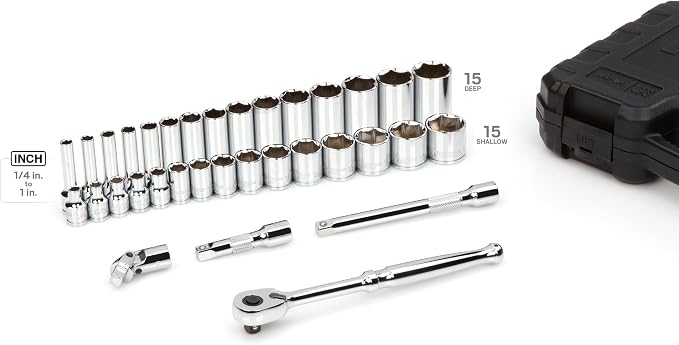 TEKTON 3/8 Inch Drive 6-Point Socket and Ratchet Set, 34-Piece (1/4-1 in.) | SKT15101 | (1/4 - 1 in.), Shallow and Deep, Case