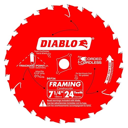 Diablo Framing Saw Blade for Wood - 7-1/4" x 24-Tooth, Thin Kerf, Anti-Vibration, Long Life for Framing & Pressure-Treated Wood, Tracking Point Tooth Design - Pack of 2 - D0724A