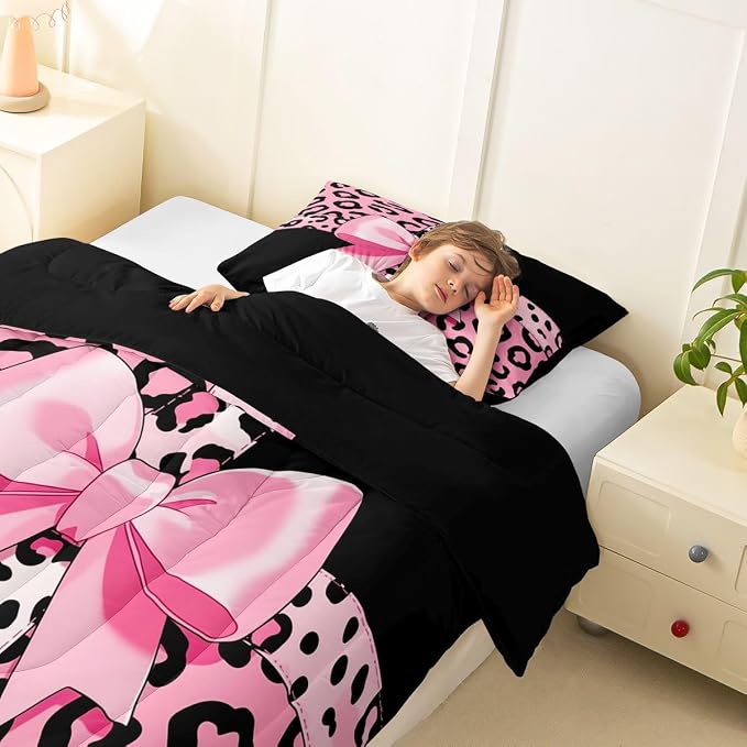 Feelyou Leopard Print Comforter Set All Season Cute Cheetah Bow Bedding Set with 1 Pillow Cases Animal Fur Microfiber Kids Twin Bedclothes Bedroom Decor Duvet Quilt Breathable Soft Lightweight