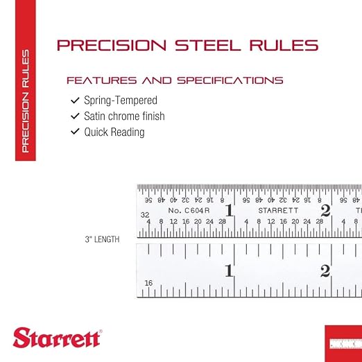 Starrett Spring Tempered Steel Rule with Satin Chrome Finish, Quick Reading, and Inch Graduation - 3" Length, 4R Graduation Type, 3/64" Thickness - C604R-3