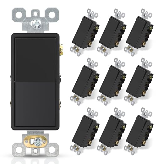 ELEGRP 4 Way Decorative Light Switch, 15Amp, 120-277 Volt, AC Decorator Rocker Paddle Wall Switch Replacement, Self-Grounding, Residential and Commercial Grade, UL Listed (10 Pack, Glossy Black)