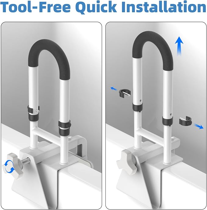 Butizone Adjustable Shower Grab Bars - Clamp-On Anti-Slip Bathtub Safety Rail for Elderly, Fits 3" to 7" Tub Walls, Supports Up to 300lbs