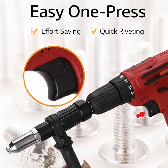 Professional Electric Rivet Nut Gun Drill Adapter Kit,Electric Cordless Rivet Gun Adapter with Removable Plastic Handle, 4 Rivet Heads,Alloy Steel Riveting Tool for Metal & Aluminum Work (1PC)