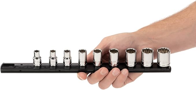TEKTON 3/8 Inch Drive 12-Point Socket Set, 9-Piece | SHD91103 | (5/16 - 3/4 in.), Shallow, Socket Rail