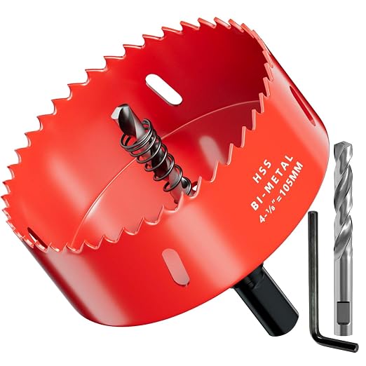 4-1/8 inch Bi-Metal Hole Saw Drill Bit - Ideal for Circular Cuts in Wood, Plastic, and Sheet Metal - 1-3/16" Cutting Depth - Includes Arbor and Pilot Bit
