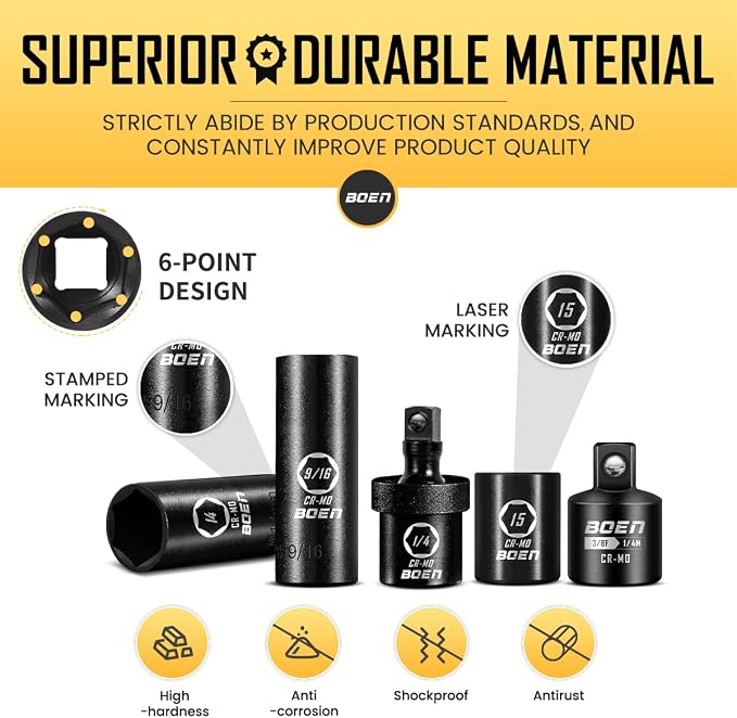 BOEN 1/4" Drive Impact Socket Set, 60-Piece Standard SAE (5/32"-9/16") & Metric (4-15mm), Cr-Mo Deep & Shallow Kit, Includes Ratchet Handle,E-torx sockets, Reducer, Extension Bar, Universal Joint