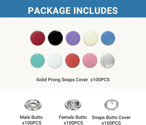 100 Sets Metal Snap Buttons, 10 Colors Solid Sewing Snaps for Fabric,Prong Snap Button Kits for DIY Crafting Clothing Sewing (9.5mm /400 PCS)
