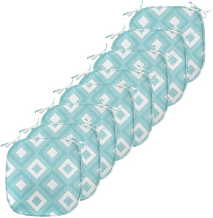 Lunarable Geometric Chair Seating Cushion Set of 8, Nested Diagonal Squares with Tiny Polka Dots Symmetric Repetition, Anti-Slip Seat Padding for Kitchen & Patio, 16"x16", White and Pale Teal