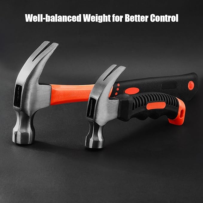 2 Piece Hammer Set,includes 1 Pack 8 OZ Mini Stubby Claw Hammer and 1 Pack 16 OZ Fiberglass General Purpose Claw Hammer,Soft Nonslip Handle & Heat Treated Head,Heavier for Higher Hardness
