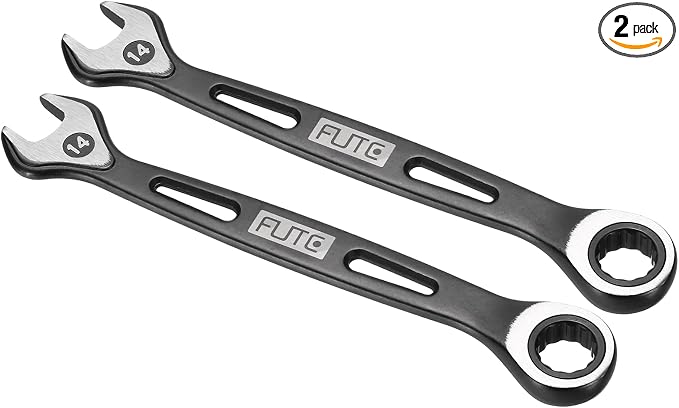 HARFINGTON 2Pcs Ratcheting Combination Wrench 14mm Stubby Wrench Metric High Carbon Steel Double 12-Point Box Open-Ended Ratchet Spanner Tool for Household Garage Workshop Auto Repairs, Black