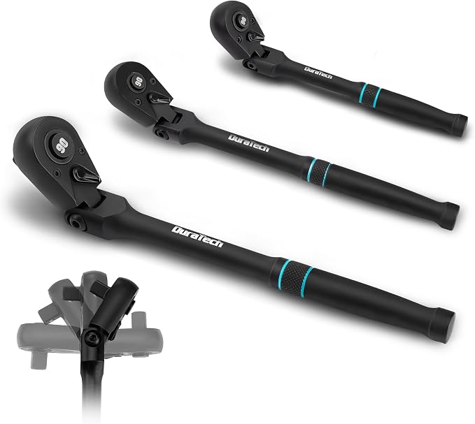 DURATECH 3-Piece Flex-Head Ratchet, 90-Tooth Quick-Release Ratchet Wrench | 1/4", 3/8", 1/2" Socket Wrench with 180° Pivoting Head & 7-Position Setting, Reversible, CR-V Made, Black Mn Phosphate Finish