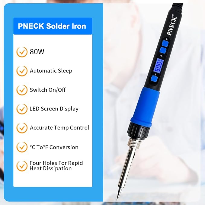 Soldering Iron Kit, 80W Soldering Iron Pen with Adjustable Temperature, LCD Display, ON/OFF Switch, 5 Tips, Solder Wire, Stand with Sponge, Pump, Paste, Tweezer, Blue