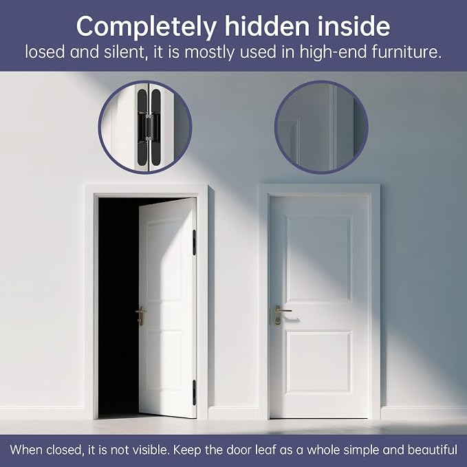4-Pack 6 inch Hinge for Doors Invisible Hinges Concealed Hinges Zinc Alloy 180 Degree Swing Hinge 3 Way Adjustable Butt Silent Door Hinge 6 x 2.5 x 1 inch (Black)