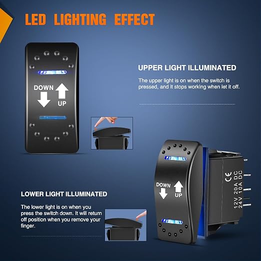 Nilight Down Up Polarity Reverse Blue LED Switch DPDT 20A 12V 24V 7PIN Momentary Rocker ON Off ON Toggle with Jumper Wires and Adaptor for Control Motor for Hoist Crane Linear Actuator