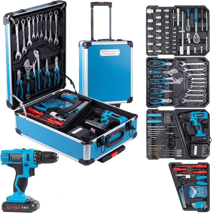 346 Pcs Tool Sets,18V Electric Power Drill Set, Cordless Drill for Men, Household Home DIY Hand Tool Kits,18+1 Clutch Cordless Power Drill Set for Thanksgiving, Christmas,Father's Day (Blue)