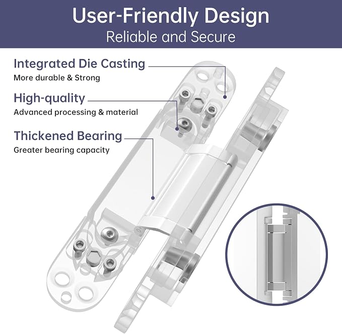 4-Pack 6 inch Hinge for Doors Invisible Hinges Concealed Hinges Zinc Alloy 180 Degree Swing Hinge 3 Way Adjustable Butt Silent Door Hinge 6 x 2.5 x 1 inch (White)