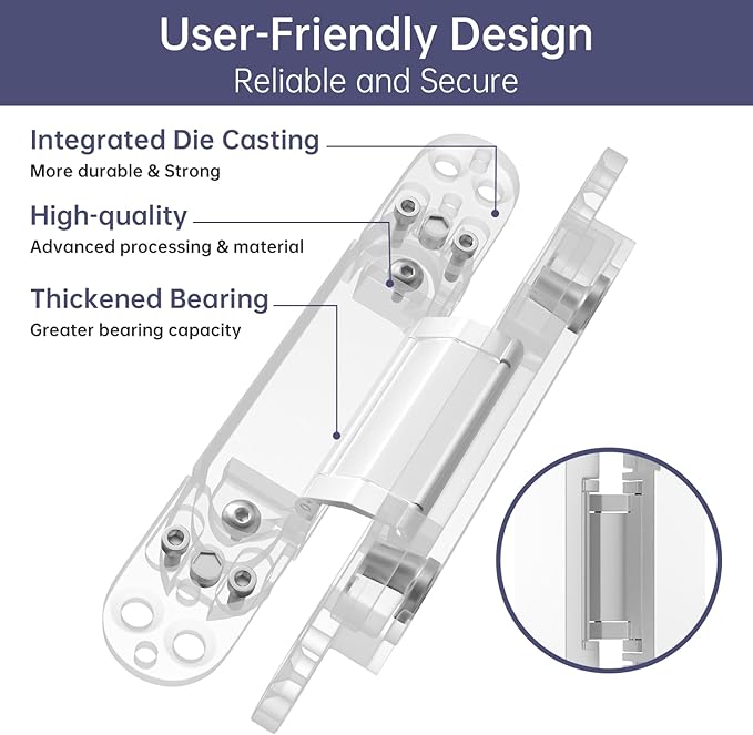 7" 2 pcs Hidden Hinges for Doors Invisible Hinges Concealed Zinc Alloy 180 Degree Swing 3 Way Adjustable Butt Silent Door Hinge 7 x 2.8 x 1 inch (White)