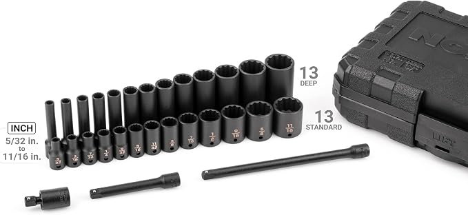 TEKTON 1/4 Inch Drive Impact Socket and Accessory Set, 29-Piece | SID90404 | (5/32 - 11/16 in.), Shallow and Deep, 12-Point, Case