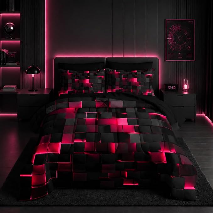 Nttopship Geometric Pink Black Full Comforter Set,Light Honeycomb Bedding Set 7 Piece in A Bag,Bed Sheet Set Geometry Decor,Microfiber Lightweight All Season