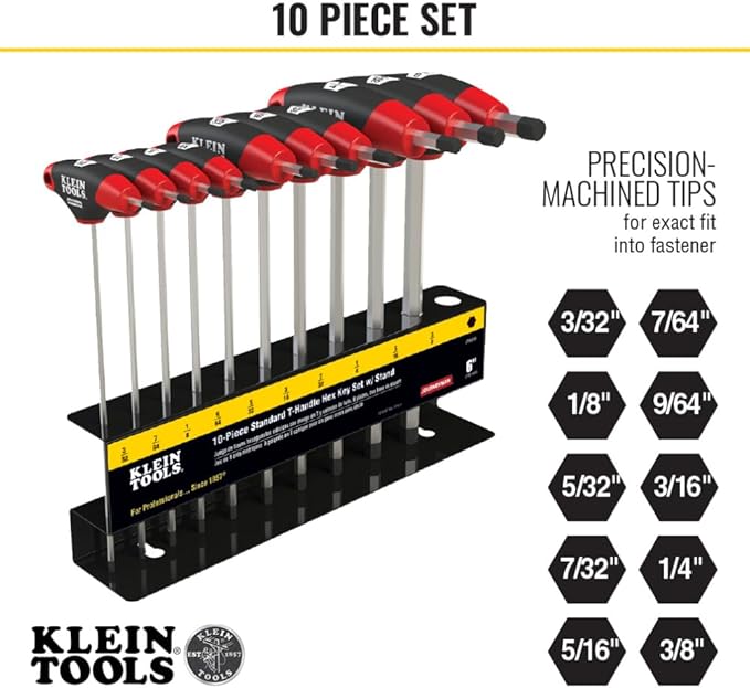 Klein Tools 10-Piece SAE Inch T-Handle Hex Key Set with Stand and 8-Piece Metric Ball End T-Handle Hex Key Set