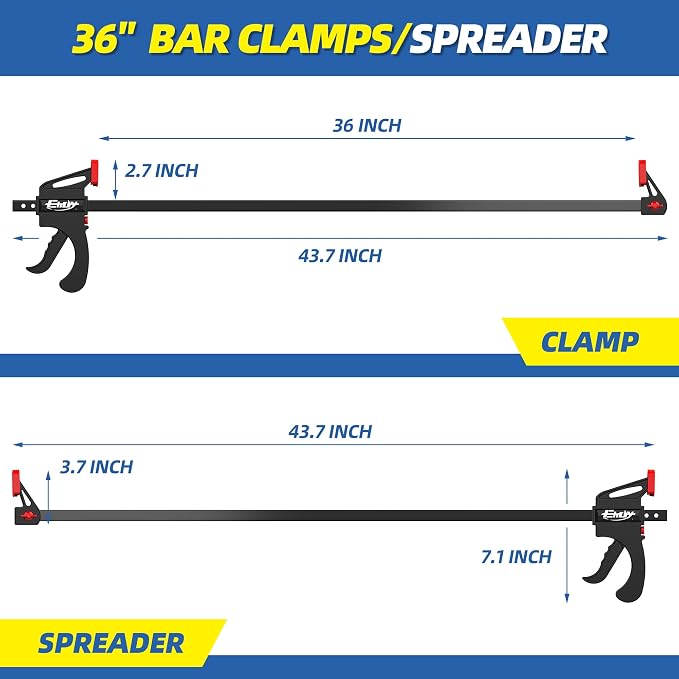 36" Bar Clamps for Woodworking 2-Pack, One-Handed Clamp/Spreader with 2.7 Inch Throat, Light-Duty Quick-Change F Clamp with 130 LBS Load Limit, Ideal for Woodworking/Carpentry/Home Improvement