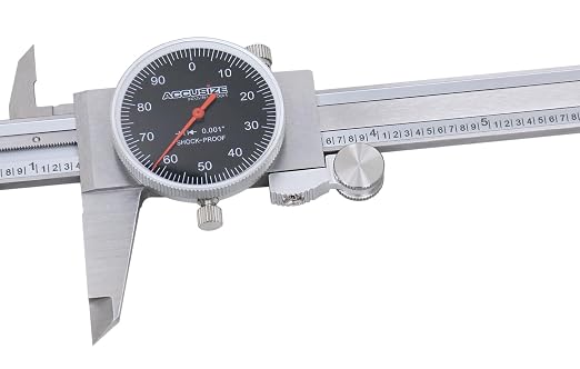 Accusize Industrial Tools 0-6" x 0.001" (Range x Resolution) Dial Caliper, Black Face Red Needle, Stainless Steel in Fitted Box, P920-B216 | 0-6" Range, 0.001" Resolution, Stainless Steel, Satin Chrome Finish, Covered Rack, P920-B216