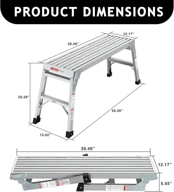 40" Aluminum Folding Work Platform - Portable Bench Ladder & Scaffolding for Adults, 225 LB Capacity, Non-Slip & Stable Design