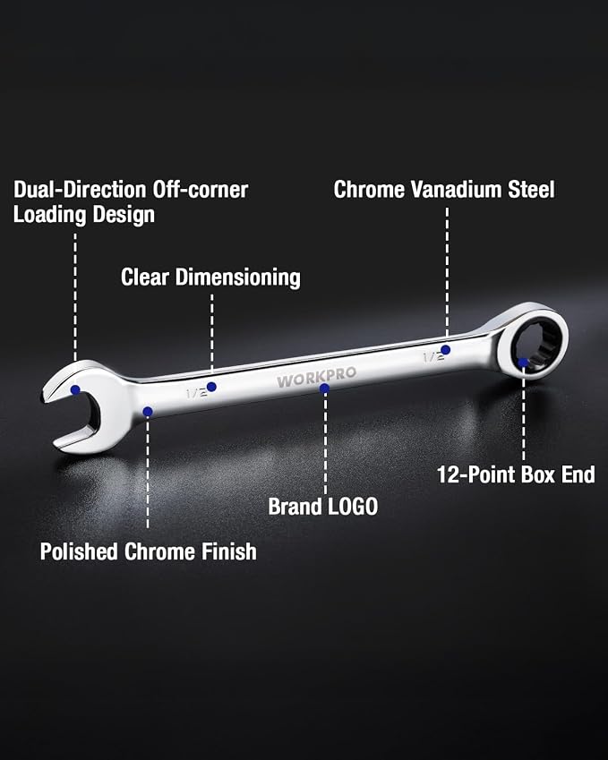 WORKPRO 1/2" Ratcheting Combination Wrench, Mirror Polish Chrome Plating (Pack of 2)