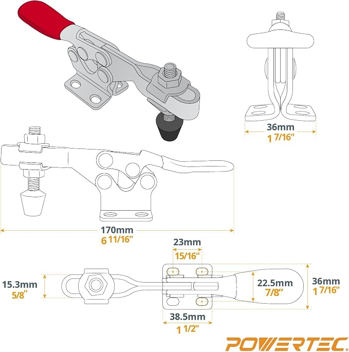 POWERTEC 72138 36 Inch Double-Cut Profile Universal T-Track 2pc with Toggle Clamp Mounting Plate and 4pc Horizontal Toggle Clamp, Woodworking Jigs & Fixtures, Drill Press Table, Router Table,Workbench