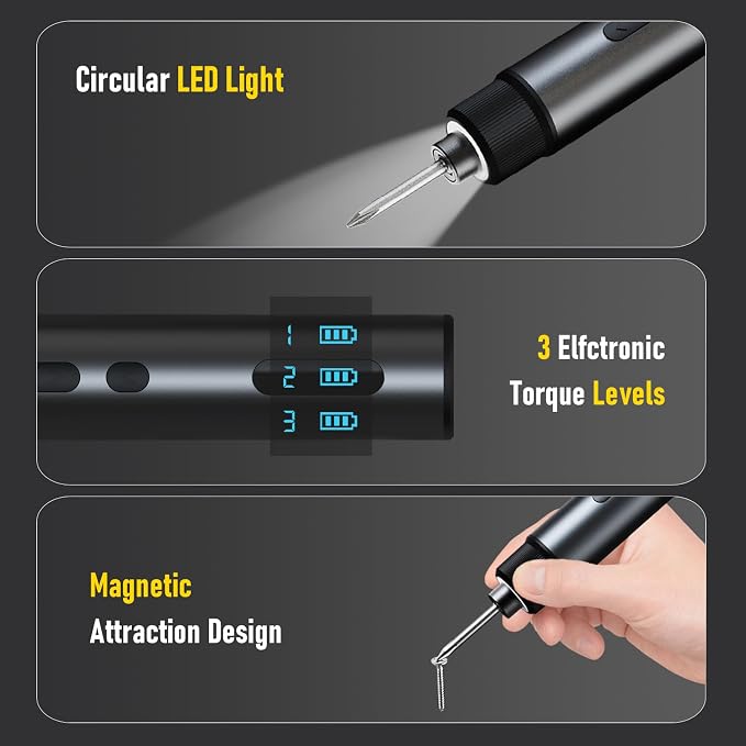 Electric Screwdriver Cordless, Max 7Nm Mini Electric Screwdriver 3-Speed Torque, 5V Power Screwdriver Set with 29 S2 Bits and Magnetic Case for Household Electronics Repair DIY
