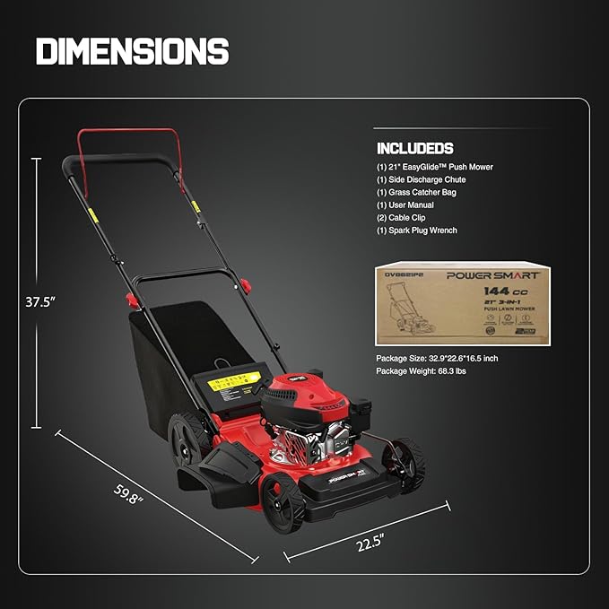 PowerSmart EasyGlide 21-Inch Gas Lawn Mower, 144cc 4-Stroke OHV Engine, Push Walk-Behind, 3-in-1 Mulch/Bag/Side Discharge, Steel Deck, 6 Height Adjustment