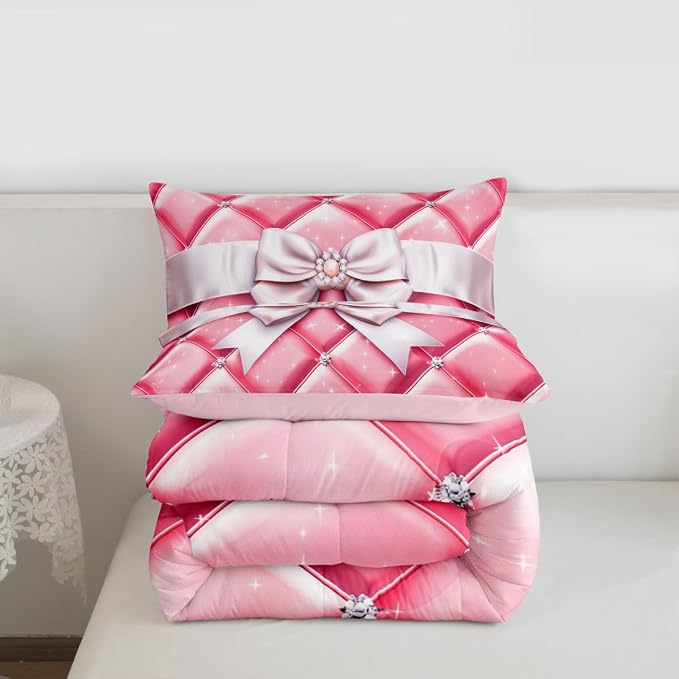 Feelyou Bow Comforter Set All Season Geometry Bowknot Bedding Set with 2 Pillow Cases Glitter Microfiber Kids Queen Bedclothes Bedroom Decor Duvet Quilt Breathable Soft Lightweight