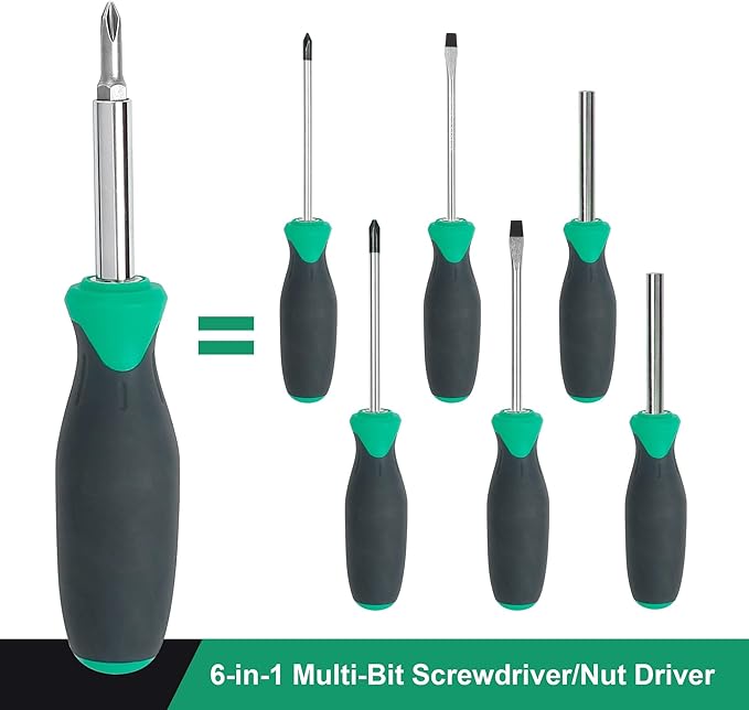 Amazon Basics 6-in-1 Multi-Bit Screwdriver and Nut Driver Tool with Cushion Grip Handle, Slotted and Phillips Bits, Multicolor