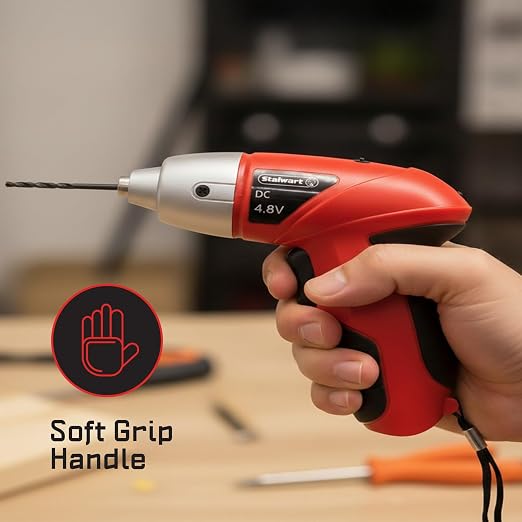 25-Piece Electric Screwdriver Set - Cordless Drill with LED Work Light, Automatic Spindle Lock, and Screw Driver Bits by Stalwart (Red)