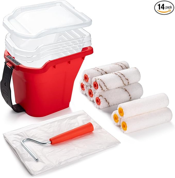 Mister Rui Paint Roller 4 Inch, 14 Pack Small Paint Brush and Roller Kit, 0.5 QT Paint Bucket Liner with Lid, Household Mini Rollers for Painting & DIY