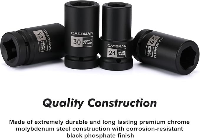 CASOMAN 10PCS 1-Inch Drive Deep Impact Socket Set, Metric, CR-MO, 21,22,24,27,29,30,32,33,38,41mm, Deep Spindle Axle Nut Impact Socket Set