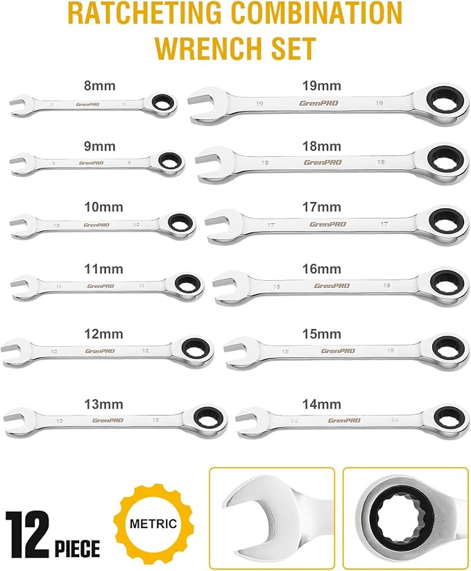 GRENPRO 12 Piece Combination Ratchet Wrench Set with Gauge, Metric Sizes 6-18mm, 72-Tooth Gear Design, CR-V Steel, Organizer Carry Box